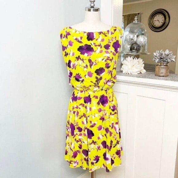 Alice + Olivia Silk Floral Corinne Dress  Chartreuse Yellow Gold Small - Picture 4 of 11